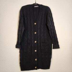 Merokeety Black Cable-Knit Button-Front Long Sweater Cardigan, Size S